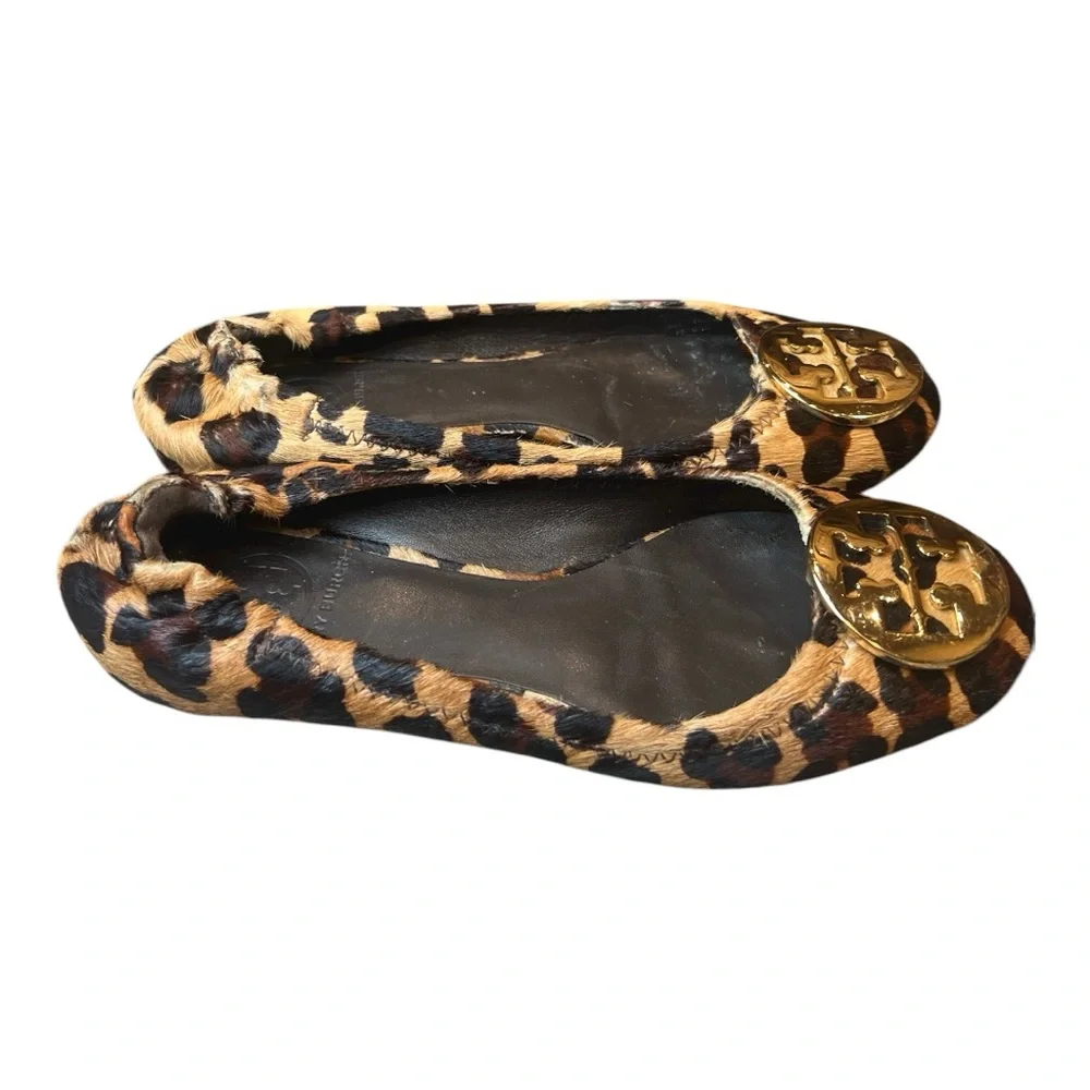 Tory Burch Reva calf skin leather leopard print slip on ballet flat shoes sz 6.5
